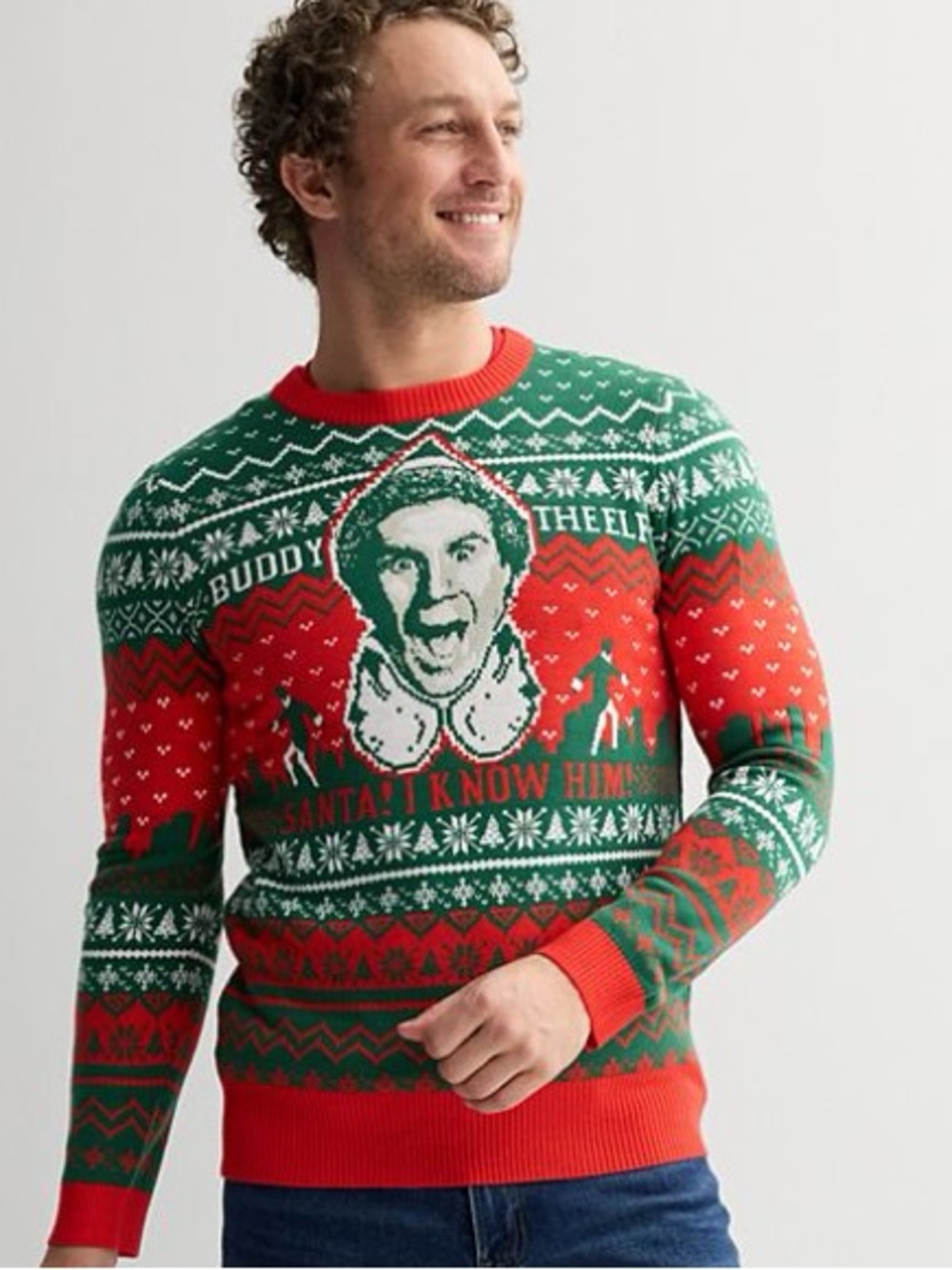 ELF Men’s Holiday Crewneck Sweater - Green & Red Christmas - small unisex style